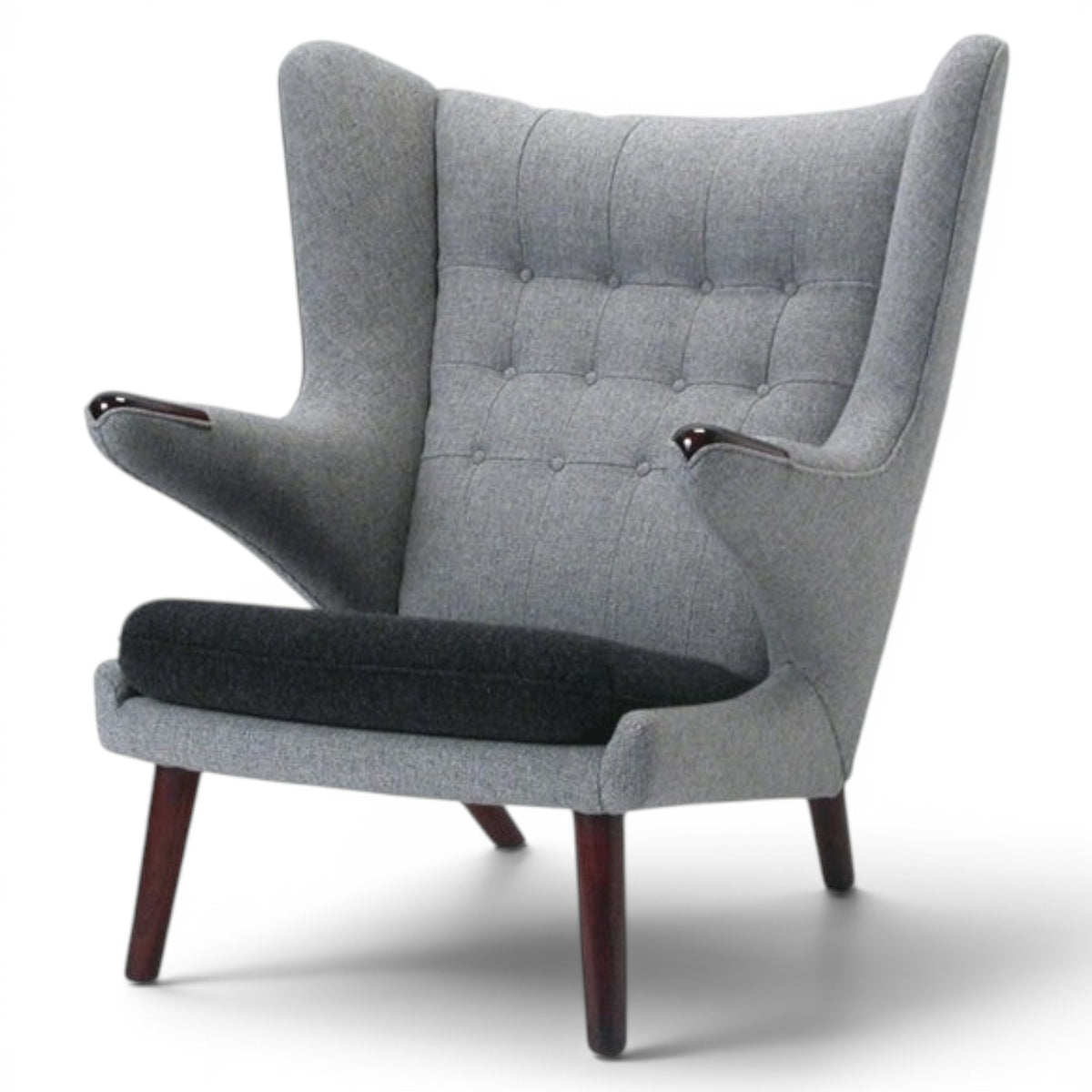 KLASSIK.DK - EST. 1991 grey wool upholstered wingback armchair with tufted back and teak legs.