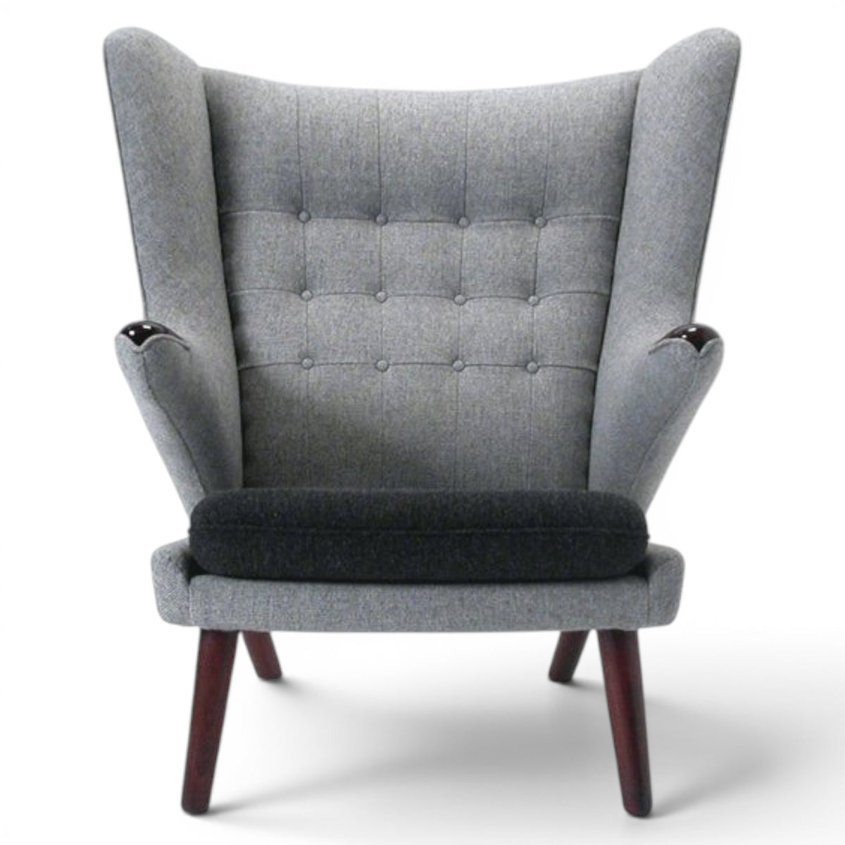 KLASSIK.DK - EST. 1991 grey wool upholstered wingback armchair with tufted back and teak legs.