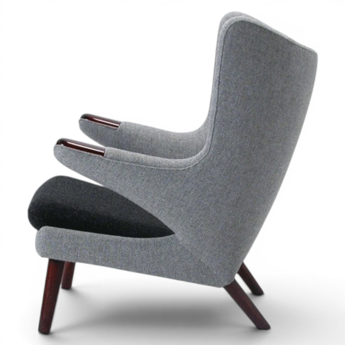 KLASSIK.DK - EST. 1991 grey wool armchair with dark seat and teak legs. Iconic Bamsestol design.